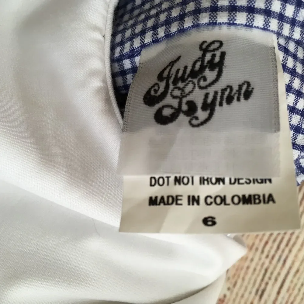 VINTAGE JUDY LYNN EMBROIDERED DRESS‎ IN BLUE AND WHITE GINGHAM